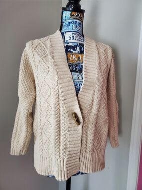 L.L. Bean Signature Cream Cable Knit Button-Front Cardigan